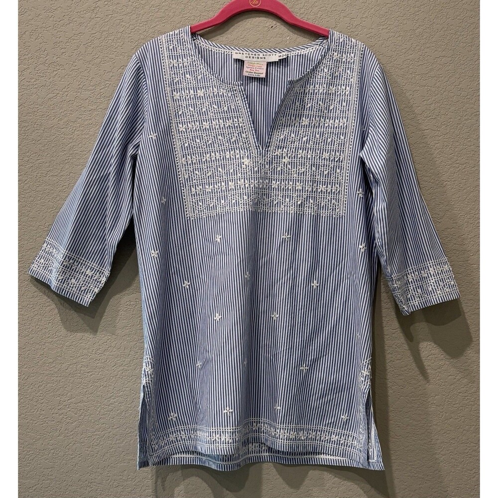 Gretchen Scott Designs Embroidered Tunic Top Blouse Blue White Stripes Women’s S